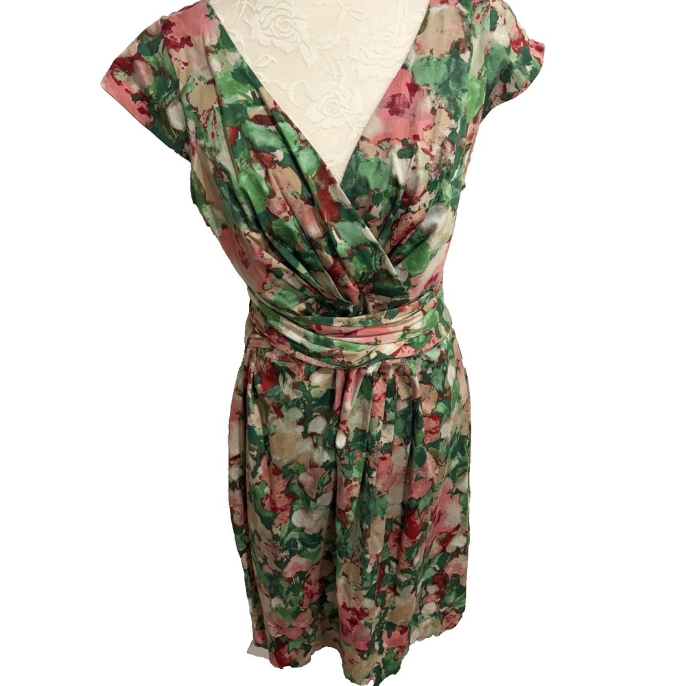 Talbots Cotton Sun Dress~12~ Watercolor Floral Fitted Belted V Nk Cap Sl Cottage - Picture 8 of 16